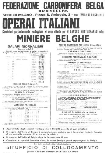 Poster calling for Italian workers to go the mines of Belgium.