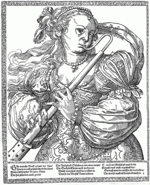 Woman playing a bass shawm, (Tobias Stimmer ca. 1500)
