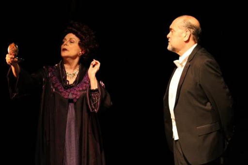 Sharon Ullrick as Sarah Bernhardt and Eduardo Machado as Eleonora Duse's acolyte in "Acting" by Eduardo Machado