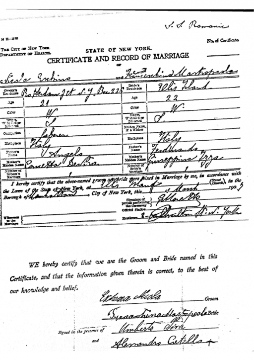 Marriage record of Nicola Eschino and Francheschina Mastropaolo