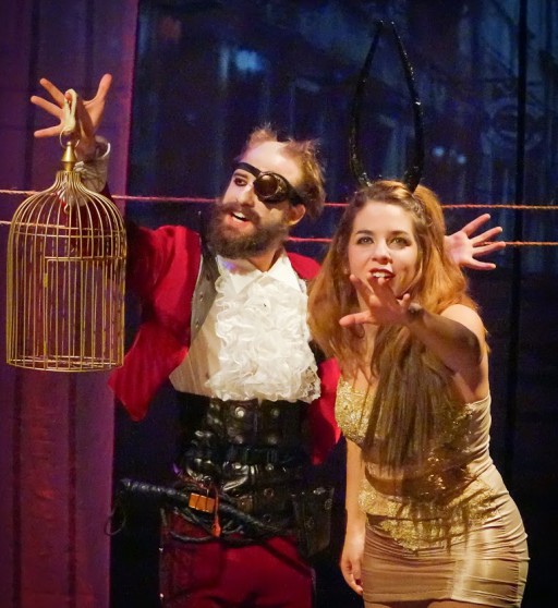 Master of ceremonies (Javier Leñero) and April (María García) at Le Bad Ton Futuriste, a striptease circus. Photo by Lee Wexler/Images for Innovation.