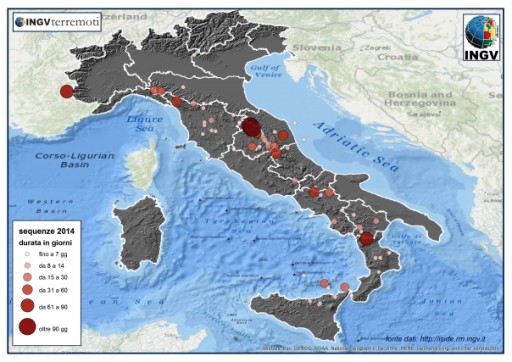 Distribuzione geografica delle 100 sequenze sismiche italiane del 2014 con almeno 5 terremoti. Le sequenze sono rappresentate in base alla loro durata: da meno di una settimana fino ad oltre tre mesi. 