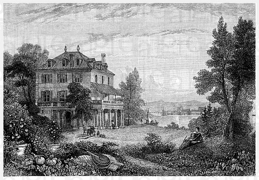 Historical illustration from the 19th Century, Villa Diodati, an estate on Lake Geneva in Cologny, a resident of George Gordon Noel Byron, 6th Baron B...