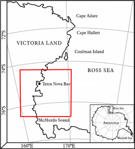 Figura 1 (sinistra) una immagine dei due icebergs catturata dal sensore MODIS a bordo del satellite Terra (destra) una mappa della Terra Vittoria nel settore del Mare di Ross, Est Antartide, con indicazione di Baia Terra Nova e della localizzazione dell'immagine del satellite (quadrato rosso) (fonte: Mark Drinkwater, ESA)