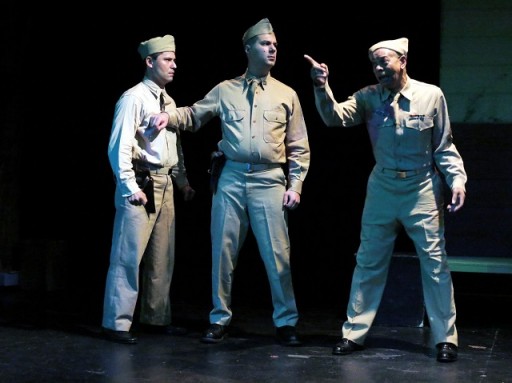 L-R: Aaron Sparks as Capt. Wilcox, Derek Dean as Lt. Byrd, Gil Tucker as Sgt. Walters. Photo by Jonathan Slaff.