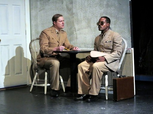 Capt. Taylor (L, Buck Hinkle) meets Capt. Davenport (R, Chaz Reuben) for the first time. Photo by Jonathan Slaff.