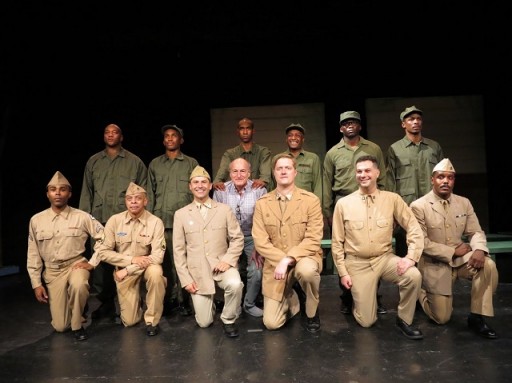 Peter Friedman, a member of the original cast, surrounded by actors of the Negro Ensemble Company's 50th Anniversary production of "A Soldier's Play." Photo by Jonathan Slaff.