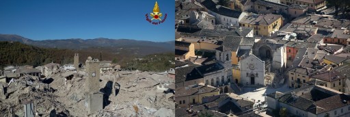 Foto aeree di Amatrice (a sinistra) e Norcia (a destra), riprese all'inizio di novembre del 2016.