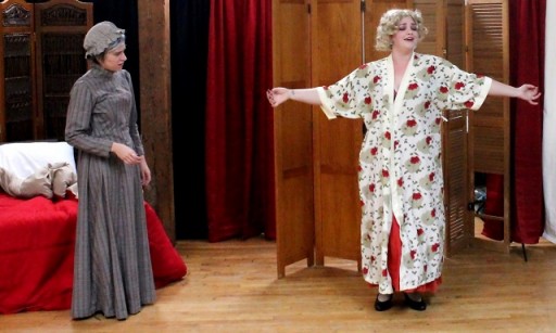 Mae West (Brigette Estola, right) teaches Sophia Tolstoy (Kirsten Egenes) the shimmy in Bad Quarto Productions’ 2017 production of Anna Karenina Lives! By Germaine Shames. Directed by Tony Tambasco. Costumes by Joanne Famiglietti. Photo by James M. Smith.