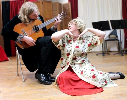 Mae West (Brigette Estola, right) seduces Alexei Karenin (James Overton) in a bid to get him to loosen up a bit in Bad Quarto Productions’ 2017 production of Anna Karenina Lives! By Germaine Shames. Directed by Tony Tambasco. Costumes by Joanne Famiglietti. Photo by James M. Smith.