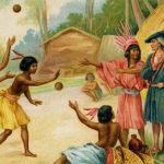 christopher-columbus with native Americans playing with rubber balls