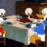 huey dewey louie & donald duck at table