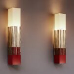 APPLIQUE BAGUETTES, lacquered wood, golden-brown patina sticks, off-white fabric lampshade by Hervé Van Der Straeten