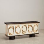 BUFFET SATELLITE, parchment, golden-brown patinated bronze, lacquered wood top with sycamore interior, by Hervé Van Der Straeten