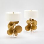LAMPE PASTILLES, golden-brown patina bronze and brass, white statuary marble, off-white fabric lampshade by Hervé Van Der Straeten